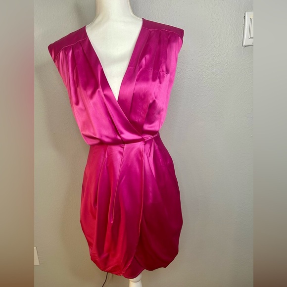 Vibrant Hot Pink Satin Wrap Mini Dress – NWT  Size M ✨ - Picture 2 of 8